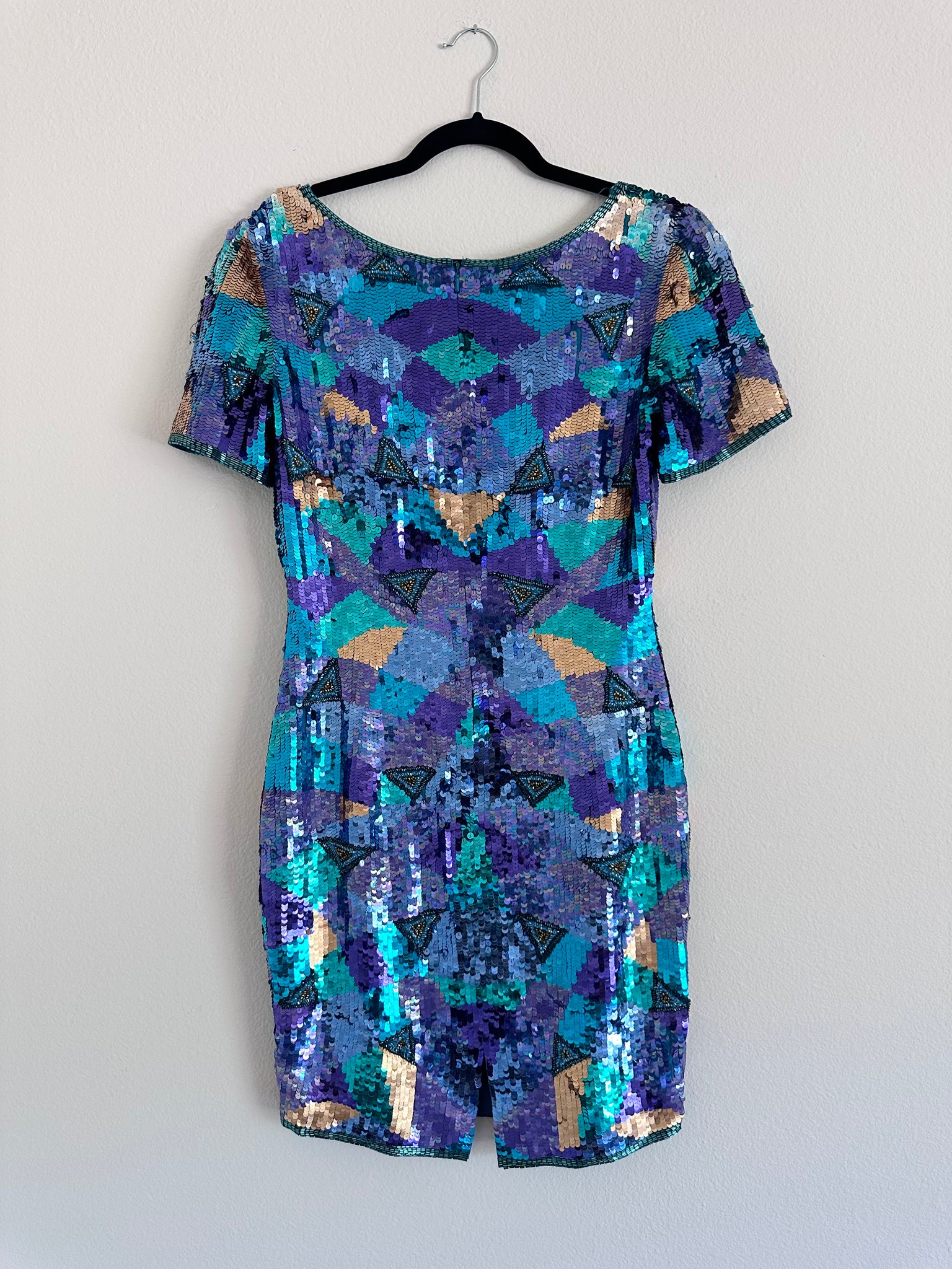 aj bari sequin dress Vintage A. J. Bari Beaded Sequin Silk Dress XS 2 Black Blue Asymmetrical Cutout